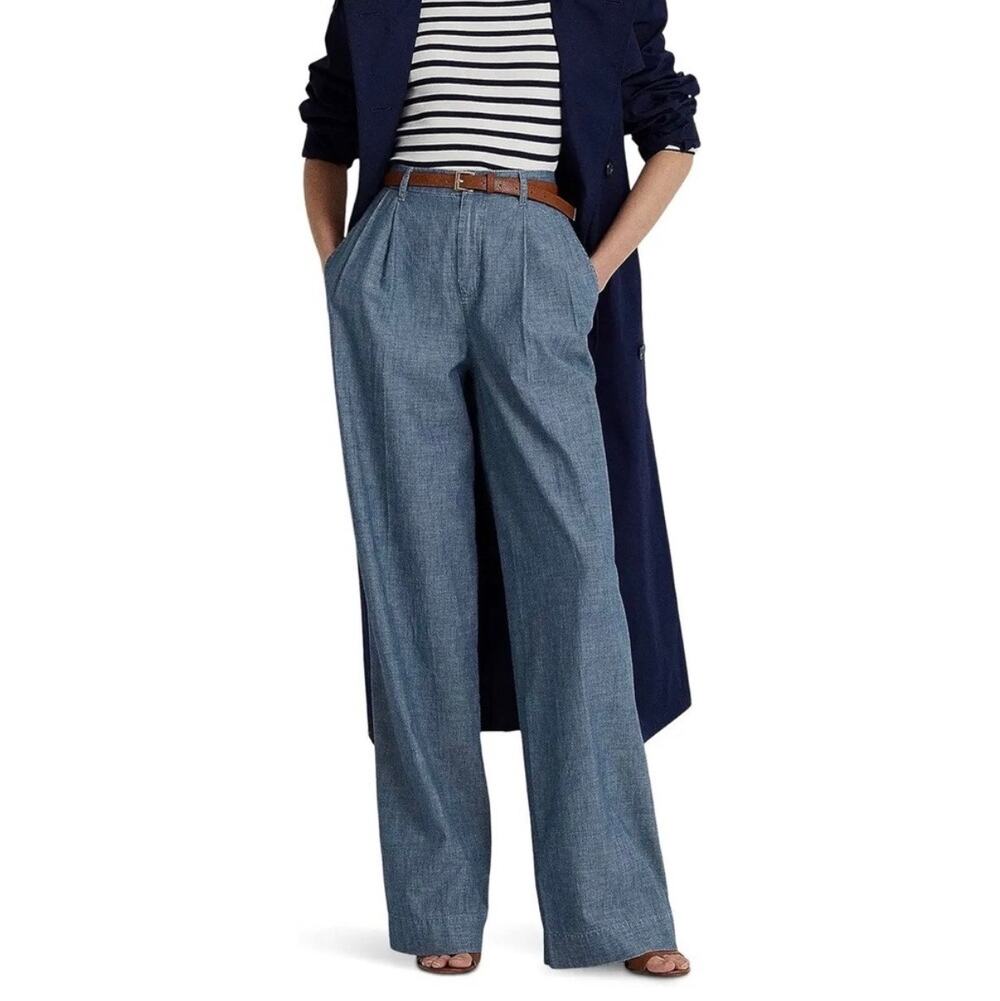 Lauren Ralph Lauren LRL Cotton Chambray Pleated Ultra High Rise Wide Leg Trouser